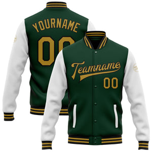 Custom Green Old Gold-Black Bomber Full-Snap Varsity Letterman Two Tone Jacket