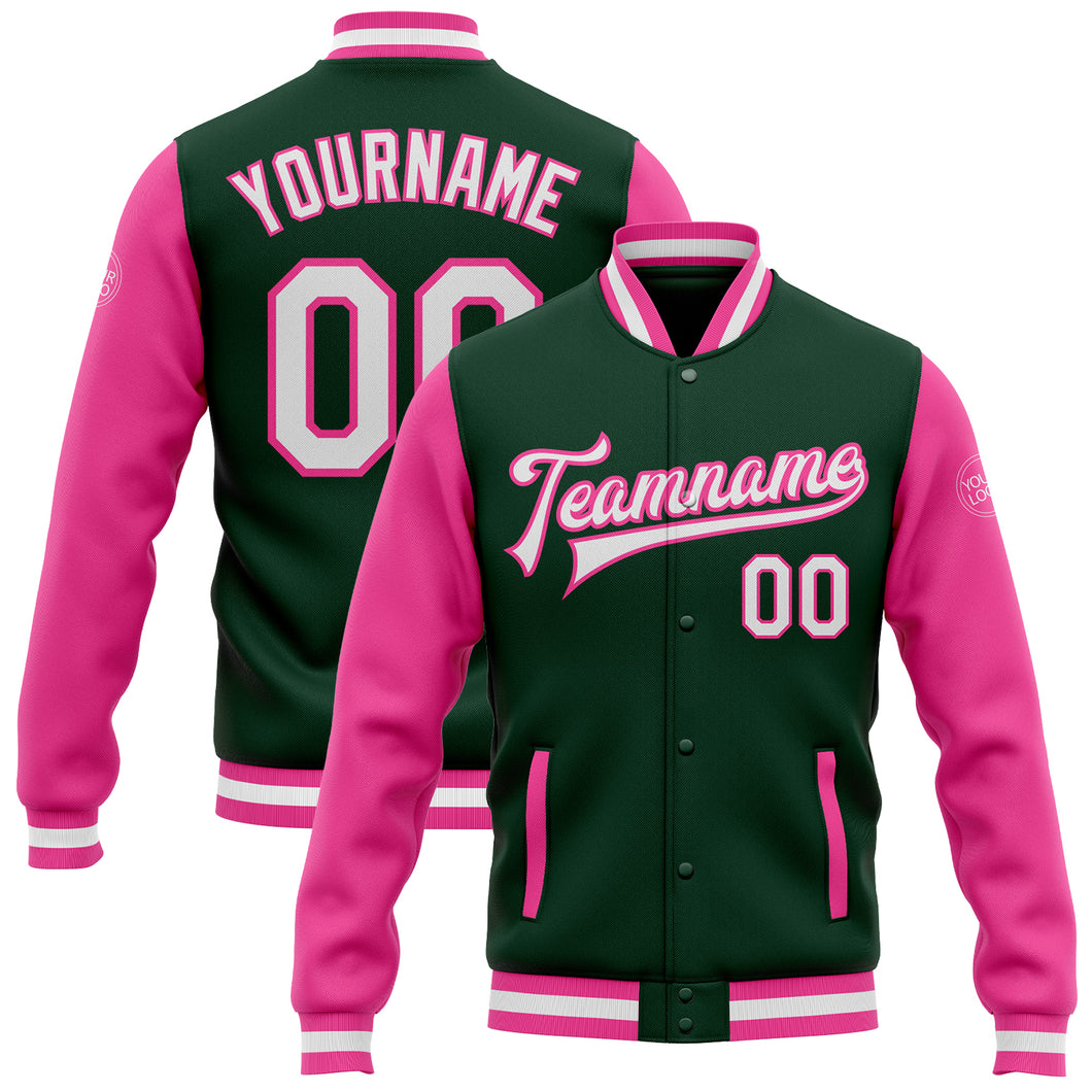 Custom Green White-Pink Bomber Full-Snap Varsity Letterman Two Tone Jacket