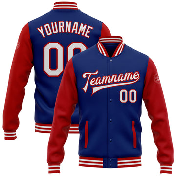 Custom Royal White-Red Bomber Full-Snap Varsity Letterman Two Tone Jacket