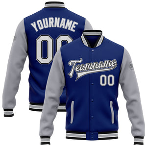 Custom Royal White Black-Gray Bomber Full-Snap Varsity Letterman Two Tone Jacket