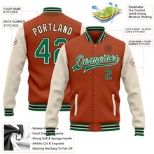 Load image into Gallery viewer, Custom Texas Orange Kelly Green Cream-Black Bomber Full-Snap Varsity Letterman Two Tone Jacket
