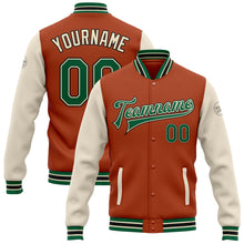 Load image into Gallery viewer, Custom Texas Orange Kelly Green Cream-Black Bomber Full-Snap Varsity Letterman Two Tone Jacket
