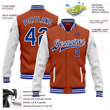 Load image into Gallery viewer, Custom Texas Orange Royal-White Bomber Full-Snap Varsity Letterman Two Tone Jacket
