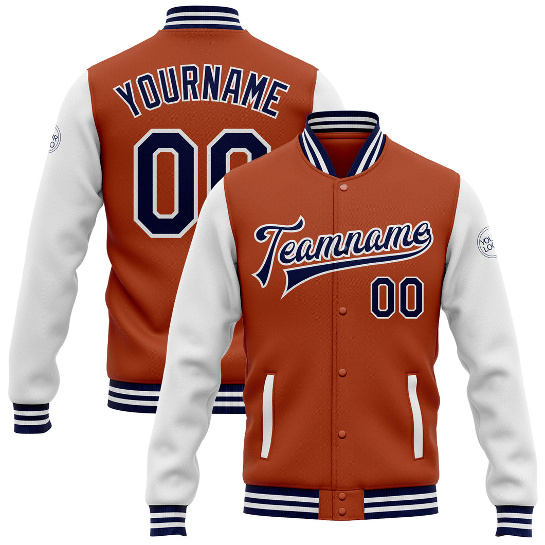 Custom Texas Orange Navy-White Bomber Full-Snap Varsity Letterman Two Tone Jacket