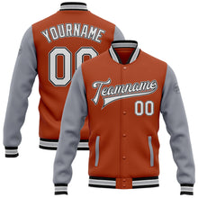 Load image into Gallery viewer, Custom Texas Orange White Black-Gray Bomber Full-Snap Varsity Letterman Two Tone Jacket
