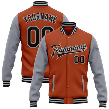 Custom Texas Orange Black-Gray Bomber Full-Snap Varsity Letterman Two Tone Jacket