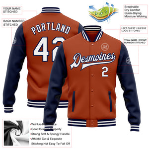 Custom Texas Orange White-Navy Bomber Full-Snap Varsity Letterman Two Tone Jacket