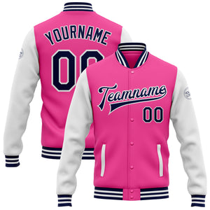 Custom Pink Navy-White Bomber Full-Snap Varsity Letterman Two Tone Jacket