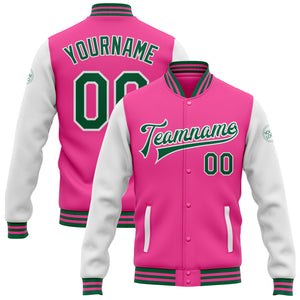 Custom Pink Kelly Green-White Bomber Full-Snap Varsity Letterman Two Tone Jacket