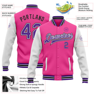 Custom Pink Purple White-Black Bomber Full-Snap Varsity Letterman Two Tone Jacket