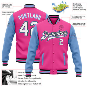 Custom Pink White Black-Light Blue Bomber Full-Snap Varsity Letterman Two Tone Jacket