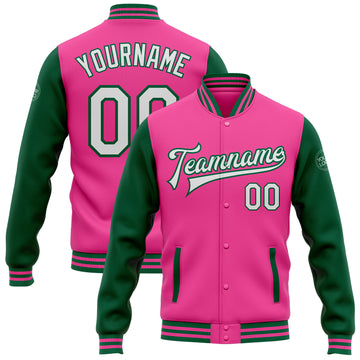 Custom Pink White-Kelly Green Bomber Full-Snap Varsity Letterman Two Tone Jacket