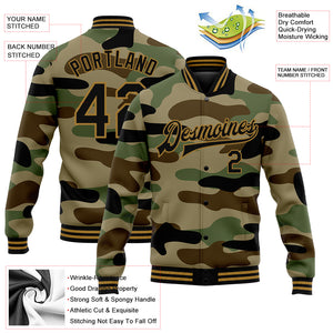 Custom Camo Black-Old Gold Jungle Camouflage 3D Bomber Full-Snap Varsity Letterman Salute To Service Jacket