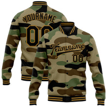Load image into Gallery viewer, Custom Camo Black-Old Gold Jungle Camouflage 3D Bomber Full-Snap Varsity Letterman Salute To Service Jacket

