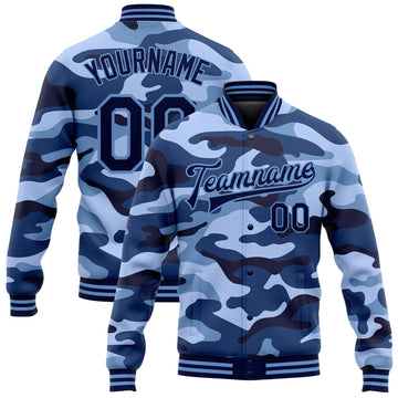 Custom Camo Navy-Light Blue Ocean Camouflage 3D Bomber Full-Snap Varsity Letterman Salute To Service Jacket