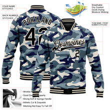 Load image into Gallery viewer, Custom Camo Black-Cream Ocean Camouflage 3D Bomber Full-Snap Varsity Letterman Salute To Service Jacket
