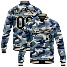 Load image into Gallery viewer, Custom Camo Black-Cream Ocean Camouflage 3D Bomber Full-Snap Varsity Letterman Salute To Service Jacket
