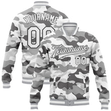 Load image into Gallery viewer, Custom Camo White-Steel Gray Snow Camouflage 3D Bomber Full-Snap Varsity Letterman Salute To Service Jacket
