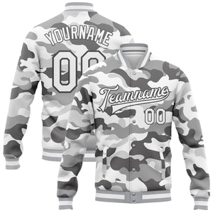 Custom Camo White-Steel Gray Snow Camouflage 3D Bomber Full-Snap Varsity Letterman Salute To Service Jacket