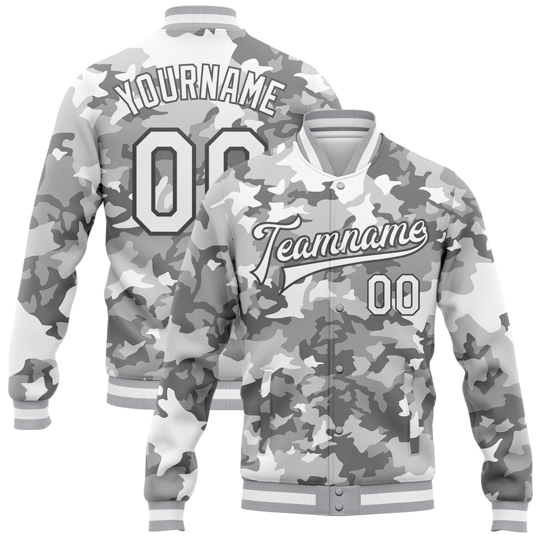 Custom Camo White-Steel Gray Snow Camouflage 3D Bomber Full-Snap Varsity Letterman Salute To Service Jacket