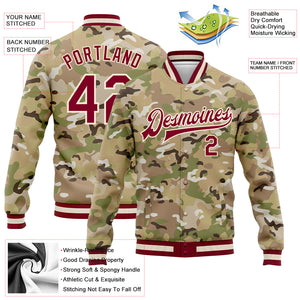 Custom Camo Maroon-Cream Desert Camouflage 3D Bomber Full-Snap Varsity Letterman Salute To Service Jacket