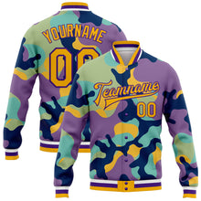 Load image into Gallery viewer, Custom Camo Gold-Purple Fluorescent Camouflage 3D Bomber Full-Snap Varsity Letterman Salute To Service Jacket
