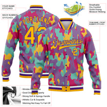 Load image into Gallery viewer, Custom Camo Gold-Purple Fluorescent Camouflage 3D Bomber Full-Snap Varsity Letterman Salute To Service Jacket
