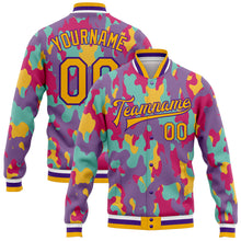 Load image into Gallery viewer, Custom Camo Gold-Purple Fluorescent Camouflage 3D Bomber Full-Snap Varsity Letterman Salute To Service Jacket
