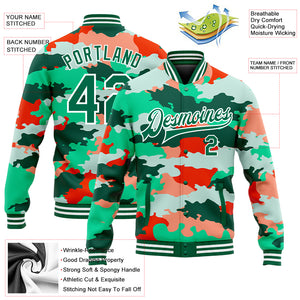 Custom Camo Kelly Green-White Fluorescent Camouflage 3D Bomber Full-Snap Varsity Letterman Salute To Service Jacket