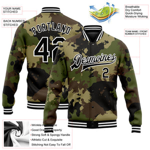 Custom Camo Black-White Graffiti Camouflage 3D Bomber Full-Snap Varsity Letterman Salute To Service Jacket