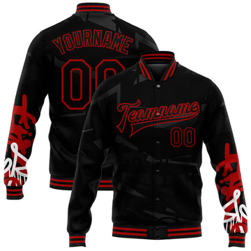 Custom Graffiti Pattern Black-Red Dark Abstract Urban Street Art 3D Bomber Full-Snap Varsity Letterman Jacket