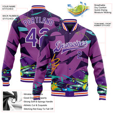 Load image into Gallery viewer, Custom Graffiti Pattern Purple-White Trendy Abstract Urban Street Art 3D Bomber Full-Snap Varsity Letterman Jacket
