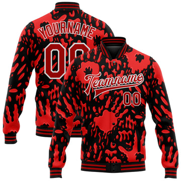 Custom Graffiti Pattern Red-White Hand Painted Blood Handprint 3D Bomber Full-Snap Varsity Letterman Jacket