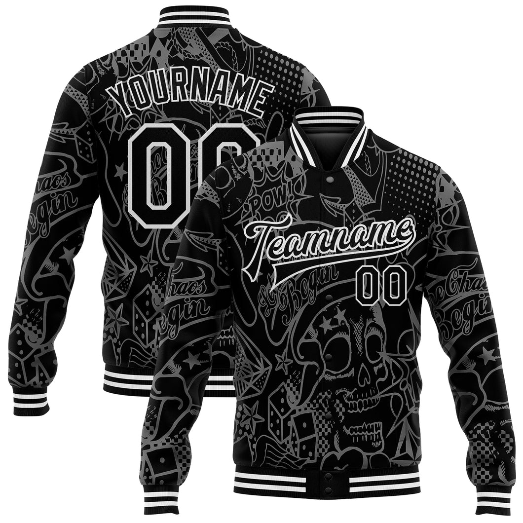 Custom Graffiti Pattern Black-White Skull Fashion 3D Bomber Full-Snap Varsity Letterman Jacket