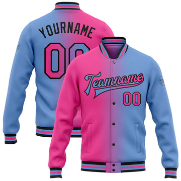 Custom Light Blue Pink-Black Bomber Full-Snap Varsity Letterman Gradient Fashion Jacket