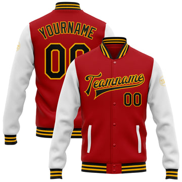 Custom Red Black-Gold Bomber Full-Snap Varsity Letterman Two Tone Jacket