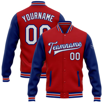 Custom Red White-Royal Bomber Full-Snap Varsity Letterman Two Tone Jacket