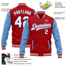 Load image into Gallery viewer, Custom Red White-Light Blue Bomber Full-Snap Varsity Letterman Two Tone Jacket

