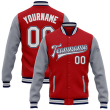Load image into Gallery viewer, Custom Red White Navy-Gray Bomber Full-Snap Varsity Letterman Two Tone Jacket
