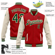 Load image into Gallery viewer, Custom Red Green-Cream Bomber Full-Snap Varsity Letterman Two Tone Jacket
