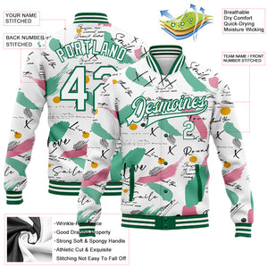 Custom Graffiti Pattern White-Kelly Green Grunge Art 3D Bomber Full-Snap Varsity Letterman Jacket