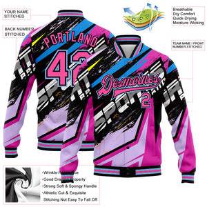 Custom Graffiti Pattern Pink Black-Light Blue Sports 3D Bomber Full-Snap Varsity Letterman Jacket