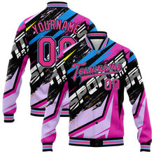 Load image into Gallery viewer, Custom Graffiti Pattern Pink Black-Light Blue Sports 3D Bomber Full-Snap Varsity Letterman Jacket
