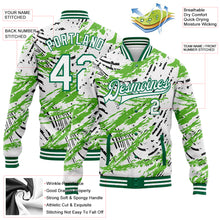 Load image into Gallery viewer, Custom Graffiti Pattern White-Kelly Green Grunge Art 3D Bomber Full-Snap Varsity Letterman Jacket
