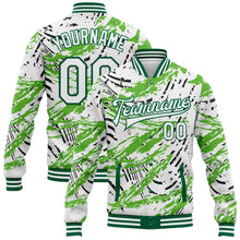 Load image into Gallery viewer, Custom Graffiti Pattern White-Kelly Green Grunge Art 3D Bomber Full-Snap Varsity Letterman Jacket
