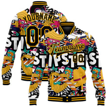 Load image into Gallery viewer, Custom Graffiti Pattern Black-Gold Hipster Lifestyle 3D Bomber Full-Snap Varsity Letterman Jacket
