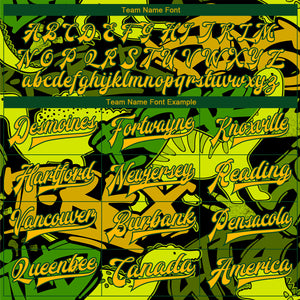 Custom Graffiti Pattern Gold-Green Grunge Art With Dinosaur And Words 3D Bomber Full-Snap Varsity Letterman Jacket