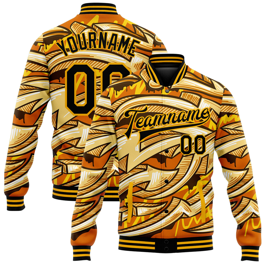 Custom Graffiti Pattern Black-Gold Bright Colored Funky Abstract Arrows 3D Bomber Full-Snap Varsity Letterman Jacket