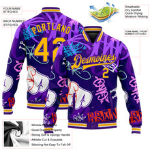 Load image into Gallery viewer, Custom Graffiti Pattern Gold-Purple Hiphop Urban Street Art 3D Bomber Full-Snap Varsity Letterman Jacket
