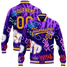 Load image into Gallery viewer, Custom Graffiti Pattern Gold-Purple Hiphop Urban Street Art 3D Bomber Full-Snap Varsity Letterman Jacket
